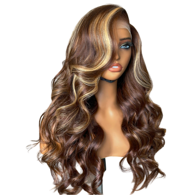 Honey Blonde Highlight / Natural Black Loose Body Wave Glueless 13x4 Lace Front Wig 100% Human Hair