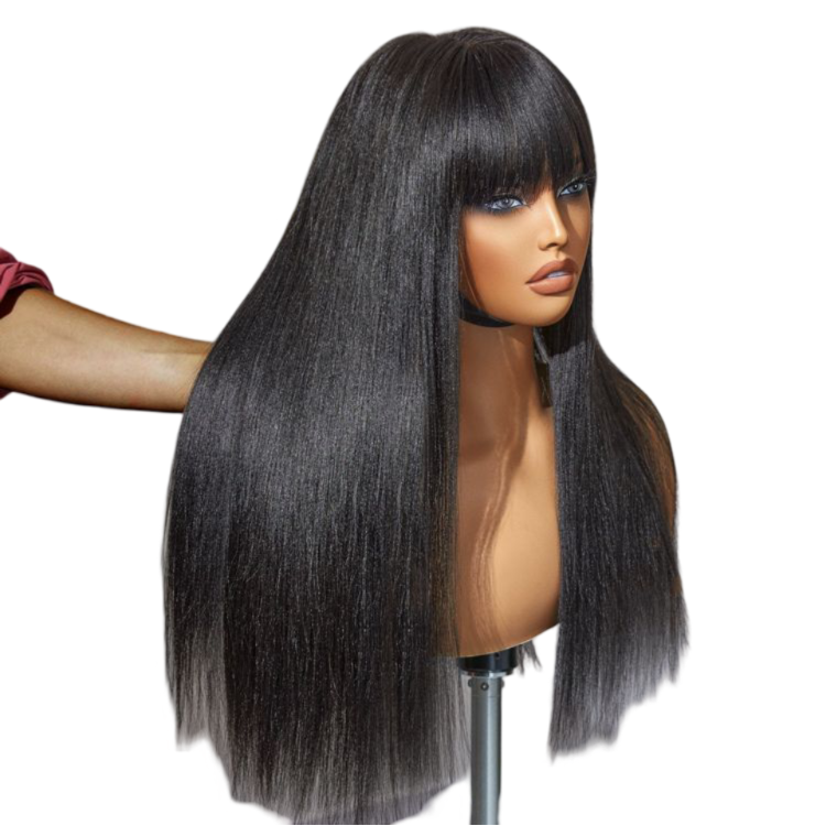 Breathable Cap Yaki Straight Ultra Natural Minimalist Undetectable Lace Long Wig with Bangs