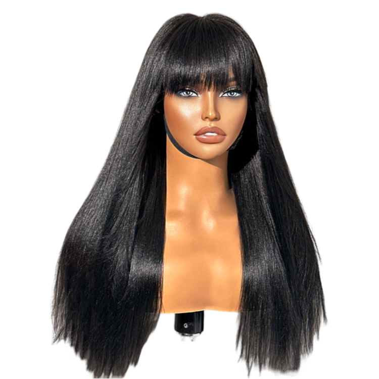 Breathable Cap Yaki Straight Ultra Natural Minimalist Undetectable Lace Long Wig with Bangs