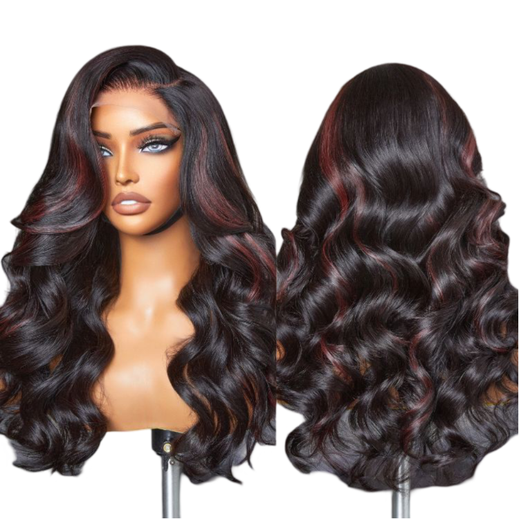 Dark Red Highlights C Part Loose Wave  Glueless 5x5 Closure Lace Wig Ready to Go